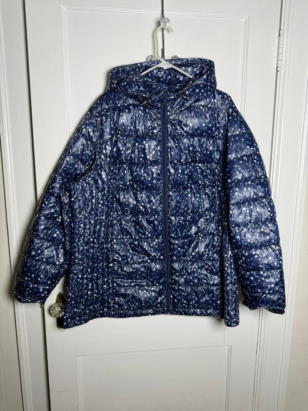 Woman Within Puffer Jacket 2X 26/28 Navy Floral Hooded Packable Lightweight